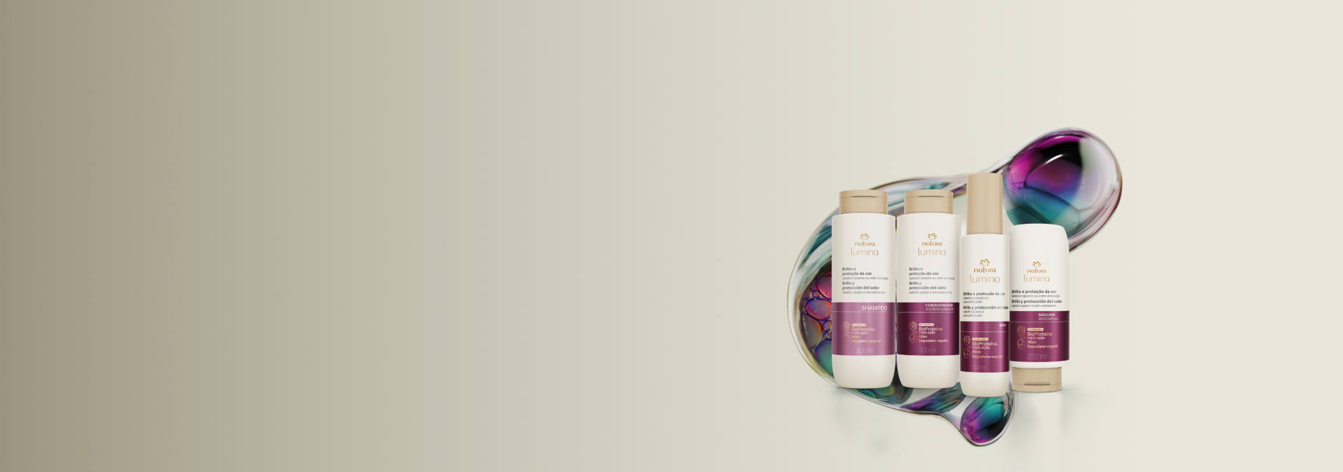 Imagem com fundo cinza e quatro produtos de Lumina Brilho e Proteção da Cor, com tecnologia da linha atrás.