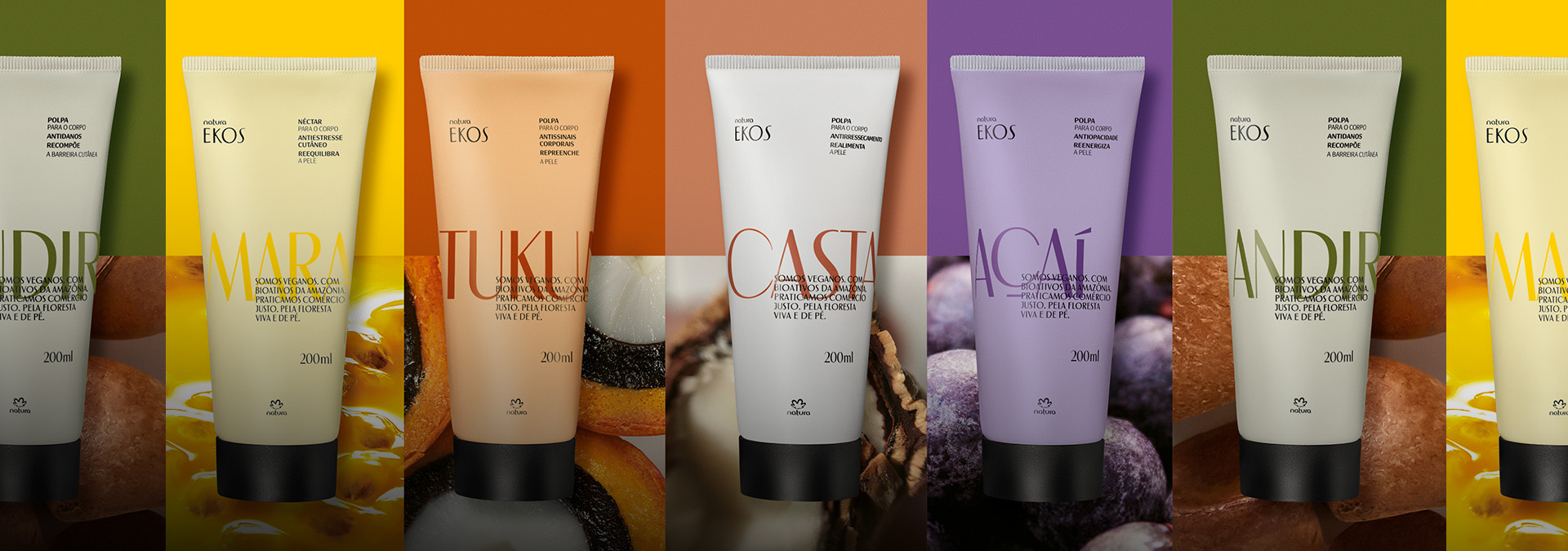 Polpas hidratantes Natura Ekos com ingredientes da biodiversidade brasileira: maracujá, tucumã, castanha, açaí e andiroba.