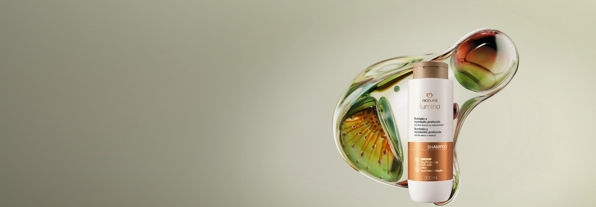 Shampoo Natura Lumina Nutrição e Reparação Profunda para cabelos secos e ressecados, com frasco branco e bronze com tampa dourada, sobre ativos da tecnologia BioProteína tripla ação em fundo bege.