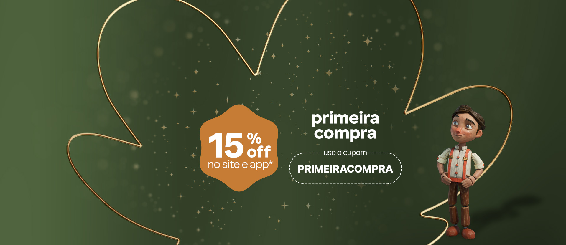 Personagem natalino sobre flor Natura e estrelas douradas em fundo vermelho, com o texto: primeira compra 15% OFF no site todo use o cupom PRIMEIRACOMPRA.