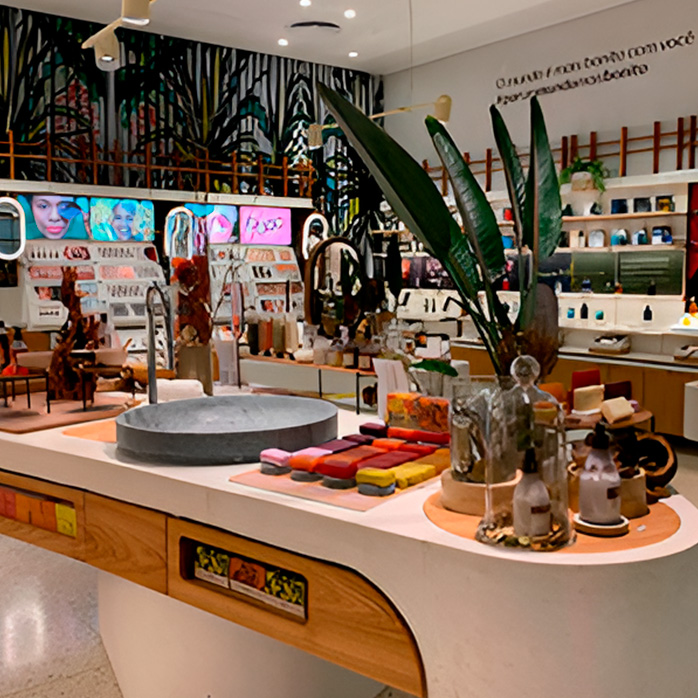 Foto de uma loja física Natura, com exposição das linhas de produtos.