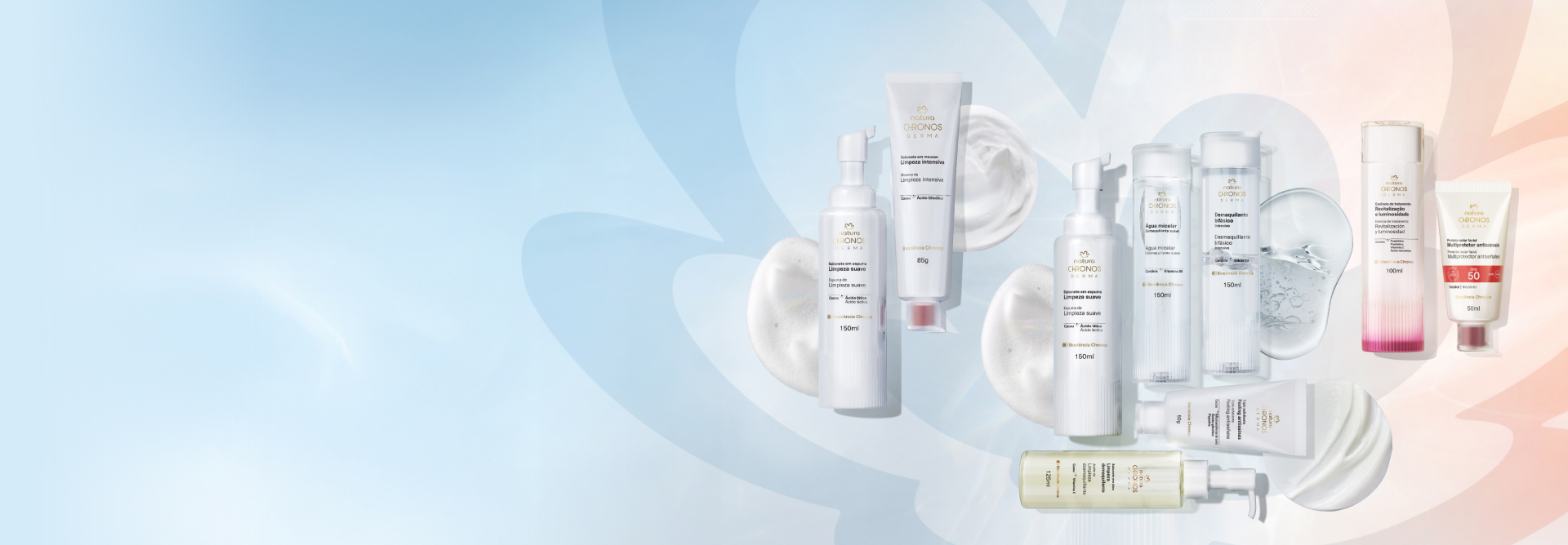 Produtos da nova linha Chronos Derma aparecem dispostos sobre rosácea em tons de azul-claro e rosa-claro.