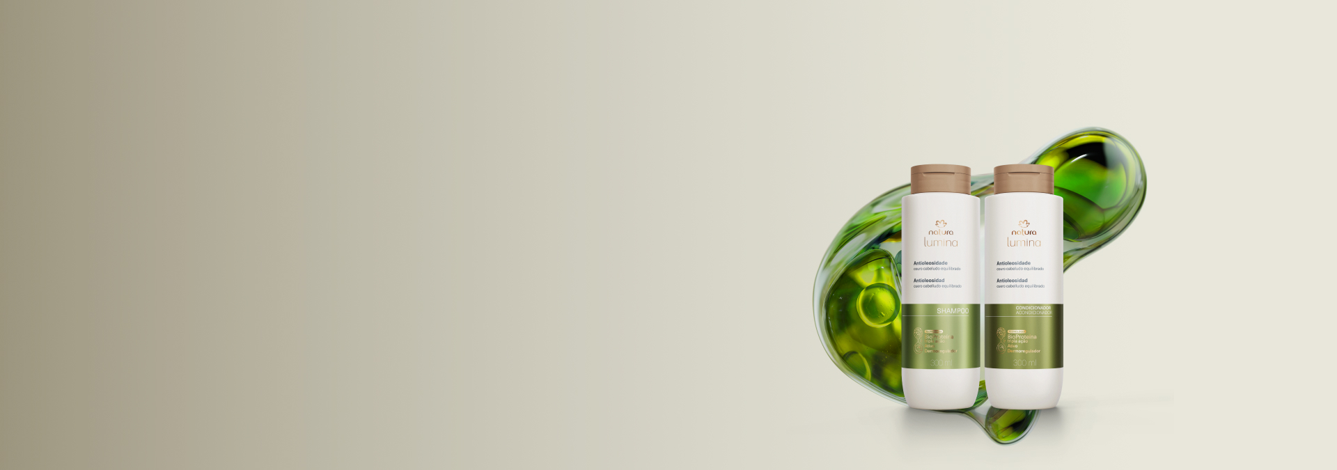 Imagem com fundo cinza e dois produtos de Lumina Antioleosidade, com tecnologia da linha atrás.