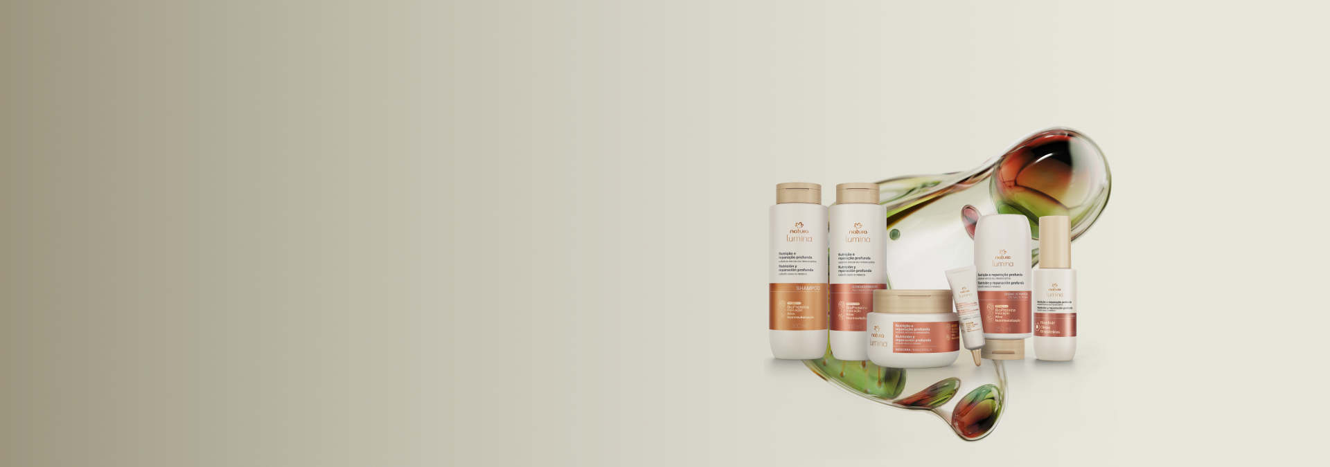 Imagem com fundo cinza e seis produtos de Lumina Nutrição e Reparação Profunda, com tecnologia da linha atrás.