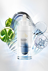 Novo Sérum Intensivo Preenchedor Hidratante em destaque no centro da tela sobre ativos e ingredientes da exclusiva tecnologia Natura Chronos Derma em fundo iluminado com tons de branco e azul claro.