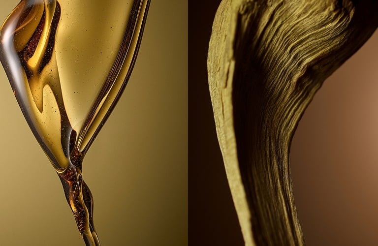 Duas imagens lado a lado: madeira do Palo Santo à direita e o óleo que sai dela à esquerda