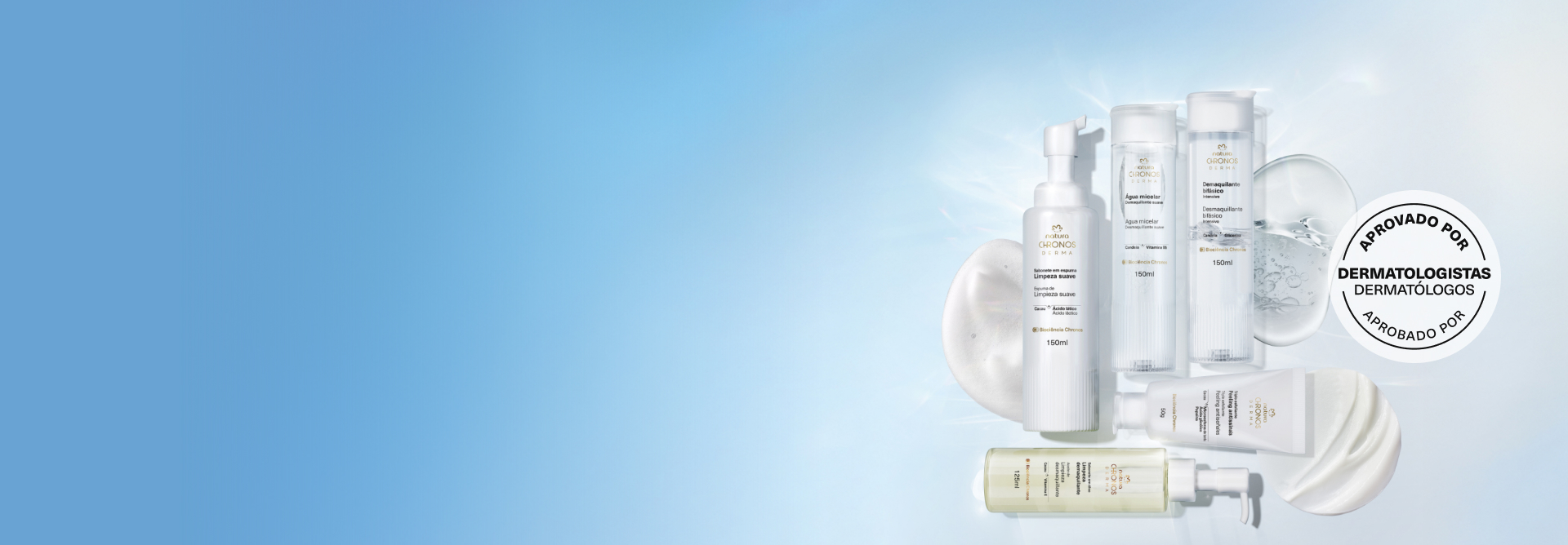 Produtos Natura Chronos com texturas e feixes de luz, em fundo em tons de azul claro. Com selo Aprovado por Dermatologistas.