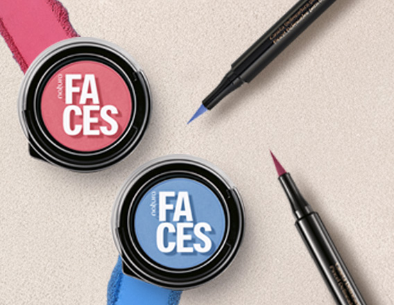 Maquiagens Natura Faces nas cores vermelho e azul em fundo creme.