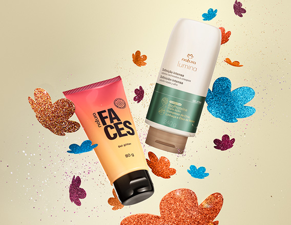 Bisnaga degradê laranja do Gel Glitter Faces e frasco bege com rótulo verde da Gelatina Definição Intensa Lumina. Fundo claro com a flor símbolo da Natura aplicada em diferentes cores com glitter.