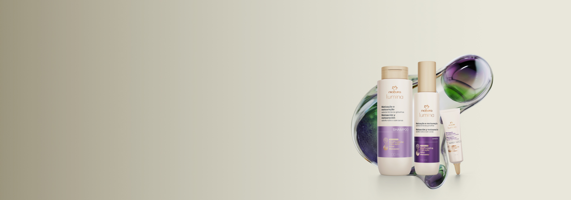 Imagem com fundo cinza e três produtos de Lumina Matização e Restauração, com tecnologia da linha atrás.