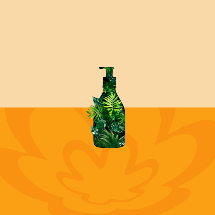 Silhueta de produto com folhas em fundo com rosácea em amarelo e amarelo-claro.