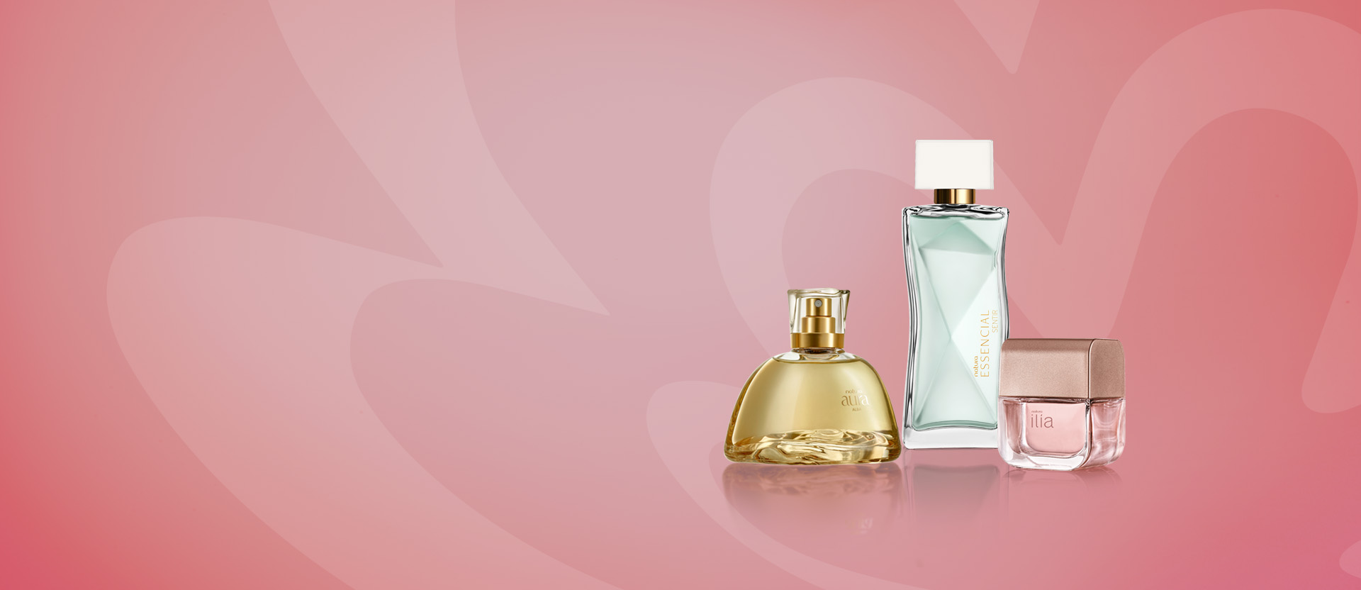 Fragrâncias femininas Natura em fundo rosa com parte da rosácea da marca Natura