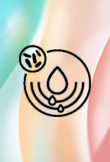 Ícone de tecnologia prebiótica com fundo gradiente em tons de laranja, rosa e azul. O ícone é composto por um círculo com uma gota d'água central e pequenas gotas abaixo, e um círculo menor no canto superior esquerdo.