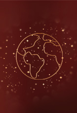Ilustração de um globo estilizado em traço dourado mostrando as Américas, a Europa e a África, com pontos e estrelas ao redor. Fundo vermelho escuro com brilho difuso.