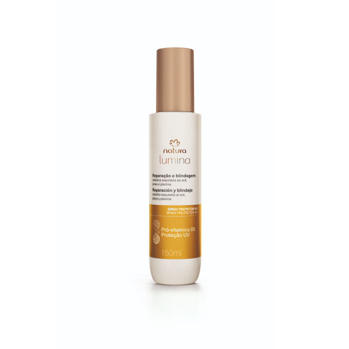 Foto do Spray de Proteção UV de Natura Lumina. Frasco branco com rótulo amarelo brilhante e tampa dourada.