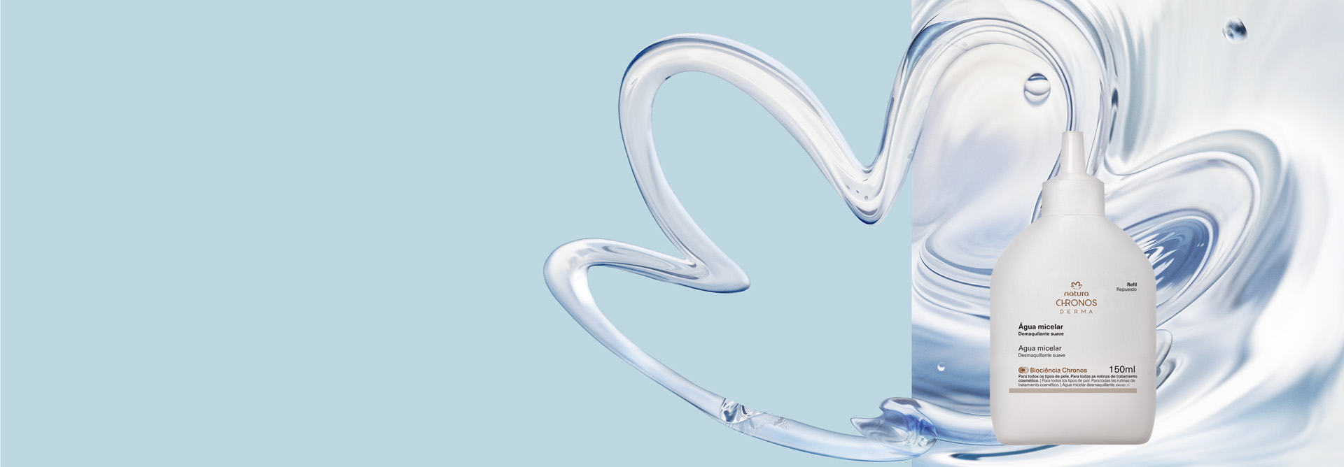 Refil Chronos Derma Água Micelar, com embalagem plástica branca, destaca-se no centro da tela. Ao fundo, texturas aquosas em tons de azul-claro formam a flor símbolo da Natura.