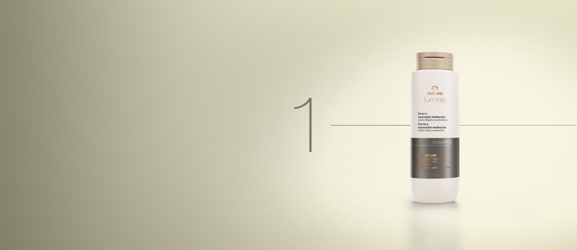 Shampoo Natura Lumina em fundo em  tom creme, com o número 1 na imagem.