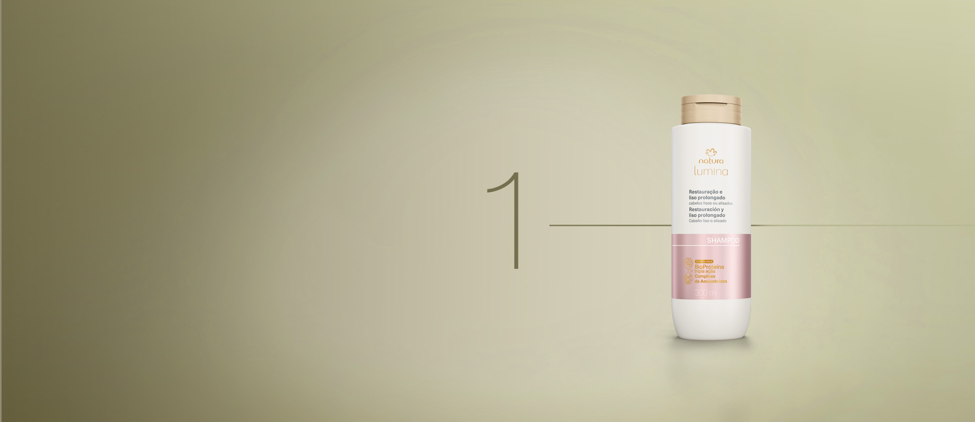 Em fundo verde, algarismo 1 com Shampoo Natura Lumina.