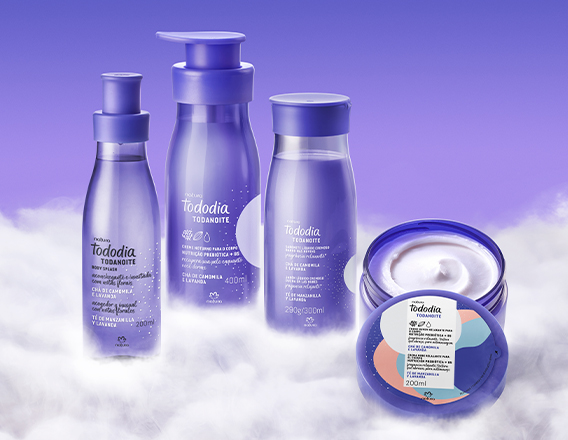 imagem de uma nuvem com os seguintes produtos voando: creme, spray, sabonete, body splash, concentrado