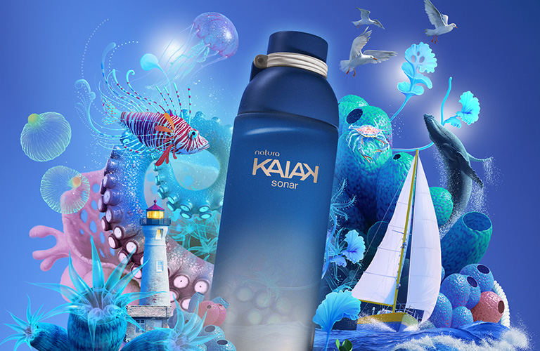 Perfume para trabalhar Kaiak Sonar Feminino sobre um fundo animado com elementos do mar