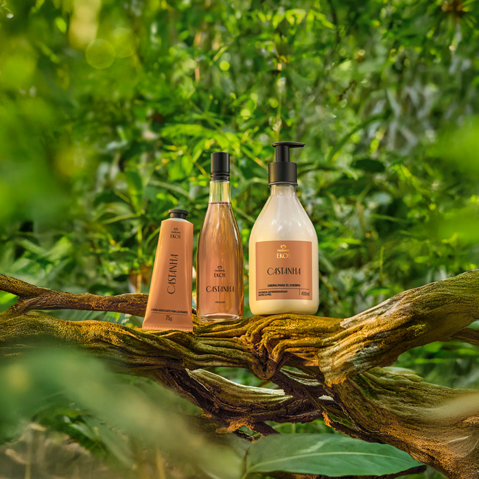 Kit Natura Ekos Castanha com bisnaga bege de polpa hidratante para mãos, frasco transparente de óleo trifásico e pump de creme corporal, apoiados em galho, com fundo de floresta verde.