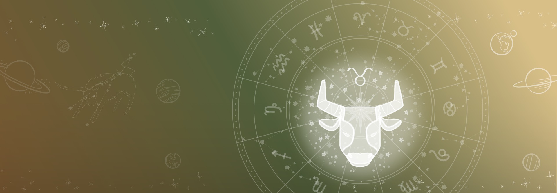 Ilustrações que remetem ao zodíaco e mapa astral com planetas e estrelas, com destaque para o signo de touro, à direita, em fundo em tons de verde.
