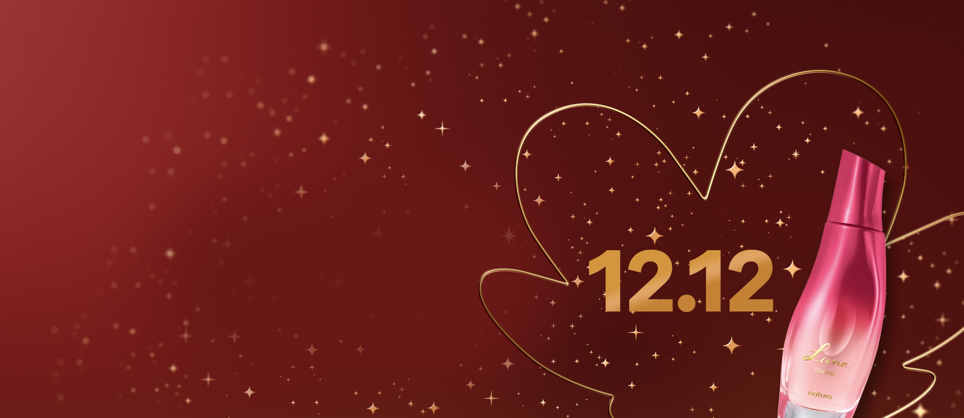 "Desodorante Colônia Luna Divina com frasco gradiente rosa. O produto está sobre um fundo vermelho-escuro com a flor símbolo da Natura e a data ""12.12"" em destaque. "