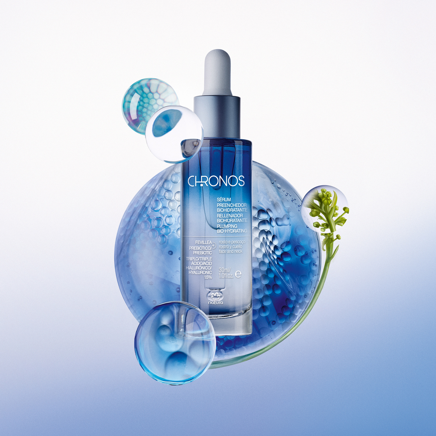 Sérum Chronos 30 ml em frasco de vidro azul com conta-gotas. Fundo degradê azul e elementos decorativos com aspecto de gotas.