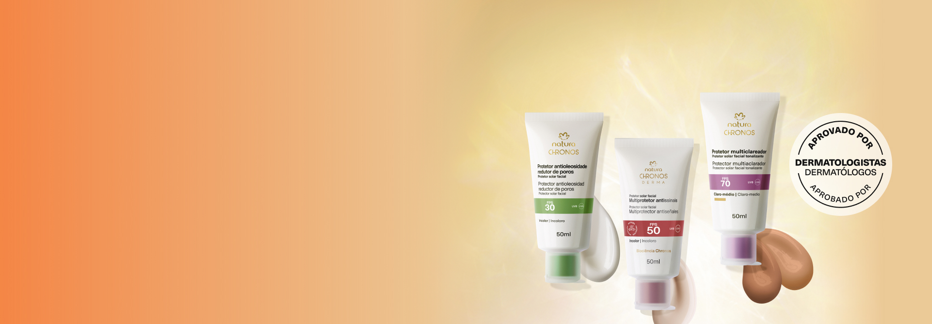 Produtos Natura Chronos com texturas e feixes de luz, em fundo em tons de creme. Com selo Aprovado por Dermatologistas.