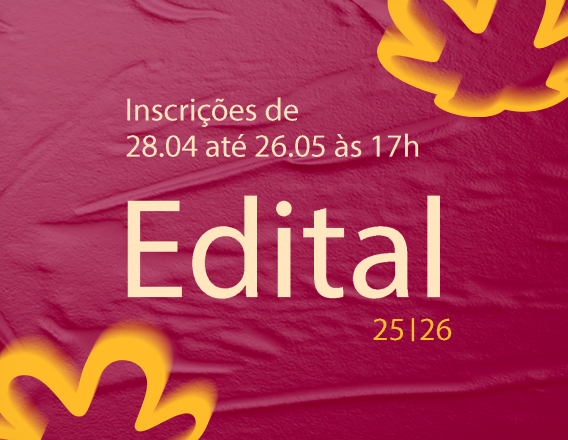 Imagem com inscrições de 28 de abril até 26 de maio às 17h. O fundo é um roxo com rosáceas em amarelo.