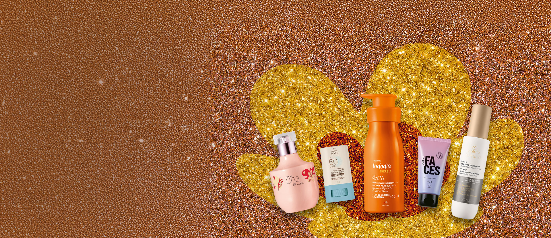 Vídeo apresenta 5 produtos Natura surgindo um a um em sequência na tela: Creme para o Corpo Tododia Energia, Gel Glitter Faces, Protetor Solar Facial Stick Natura Solar, Protetor Térmico Lumina e Una Blush Deo Parfum. Ao final, todos os produtos ficam juntos em destaque na tela. Fundo com efeito de glitter cobre com a flor símbolo da Natura em dourado e laranja.