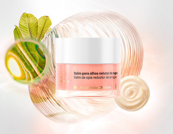 Natura Chronos Derma Balm para Olhos Redutor de Rugas, com frasco rosê e tampa branca, em destaque sobre poderosos ativos da fórmula em fundo branco. Ao lado, selo "aprovado por dermatologistas".
