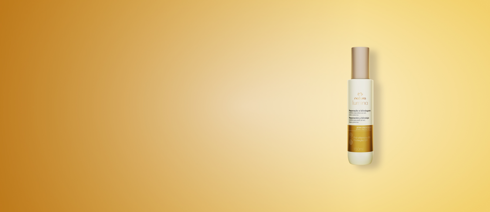Imagem mostra Spray Protetor UV Natura Lumina Reparação e Blindagem, com frasco branco e amarelo brilhante e tampa dourada, sobre fundo degradê amarelo.
