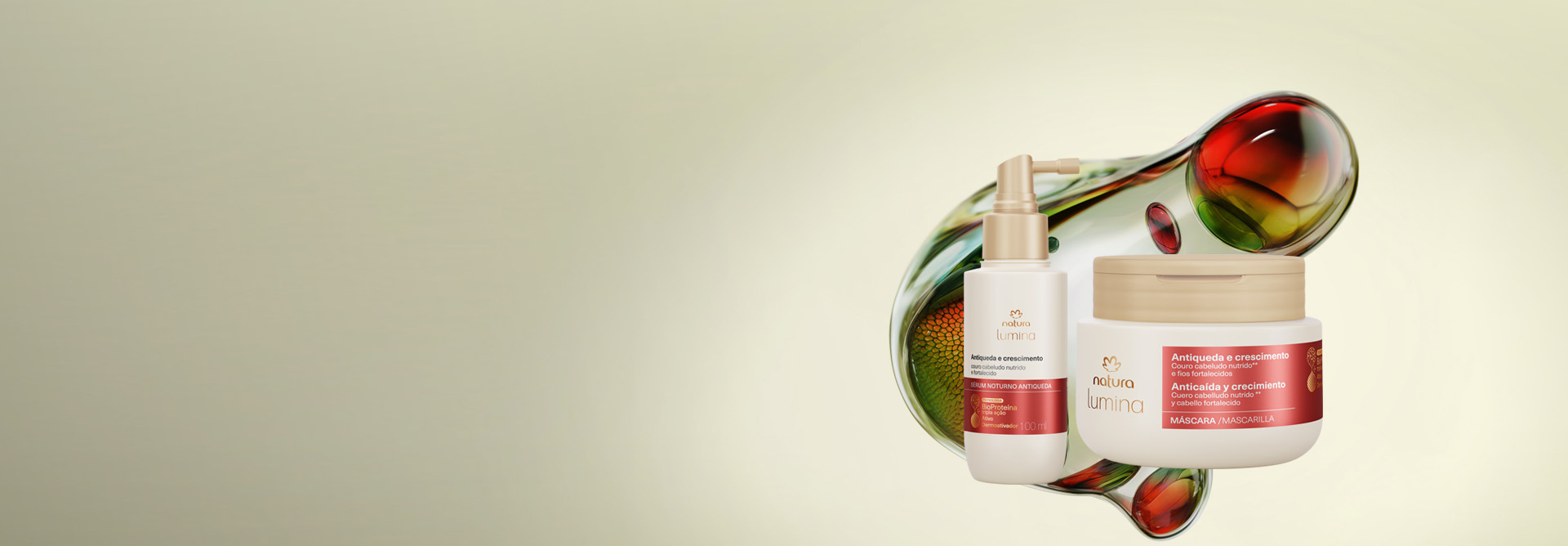 Sérum Noturno e Máscara Natura Lumina Antiqueda e Crescimento, com frascos em tons de branco e laranja e tampas douradas, sobre ativos da tecnologia BioProteína tripla ação em fundo bege.
