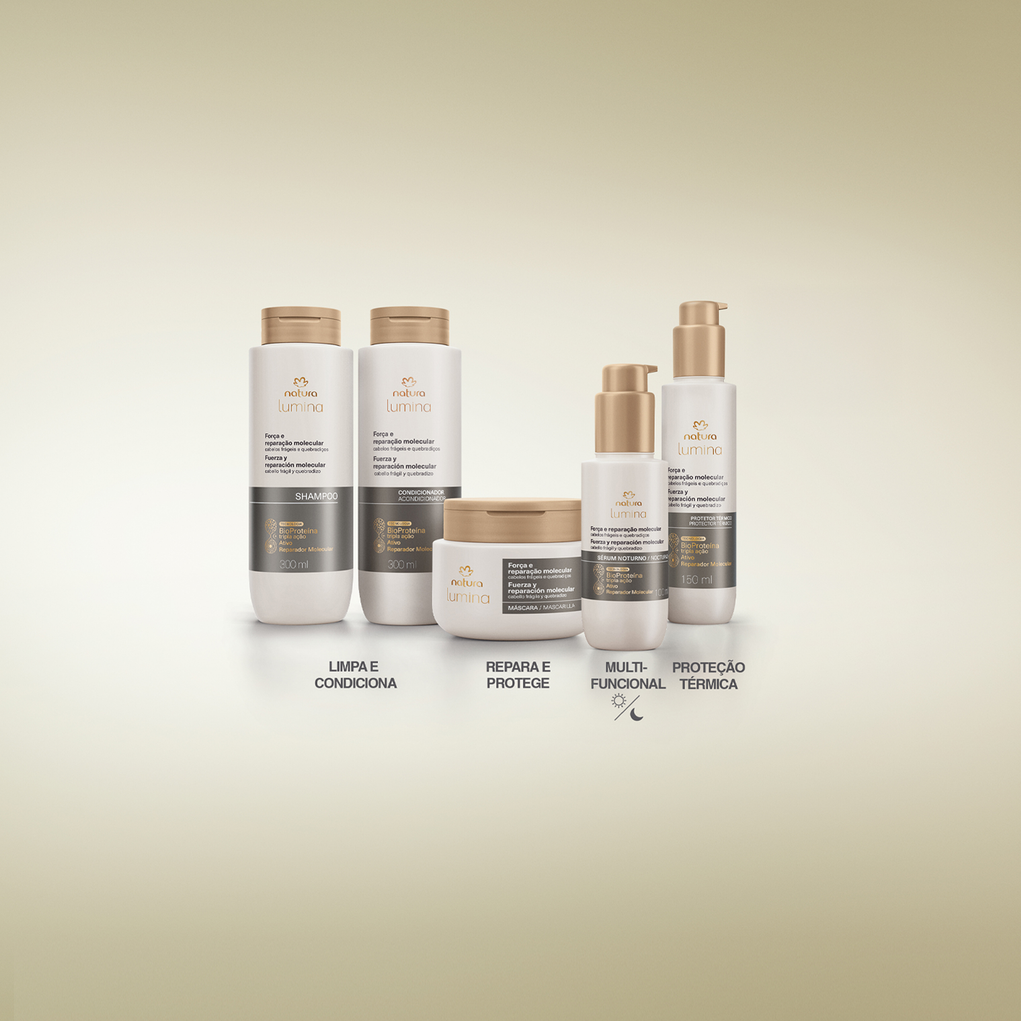 5 produtos de Lumina Força e Reparação, incluindo Shampoo, Condicionador, Máscara, Sérum e Protetor Térmico. Abaixo diz limpa e condiciona, repara e protege, multifuncional e proteção térmica. 