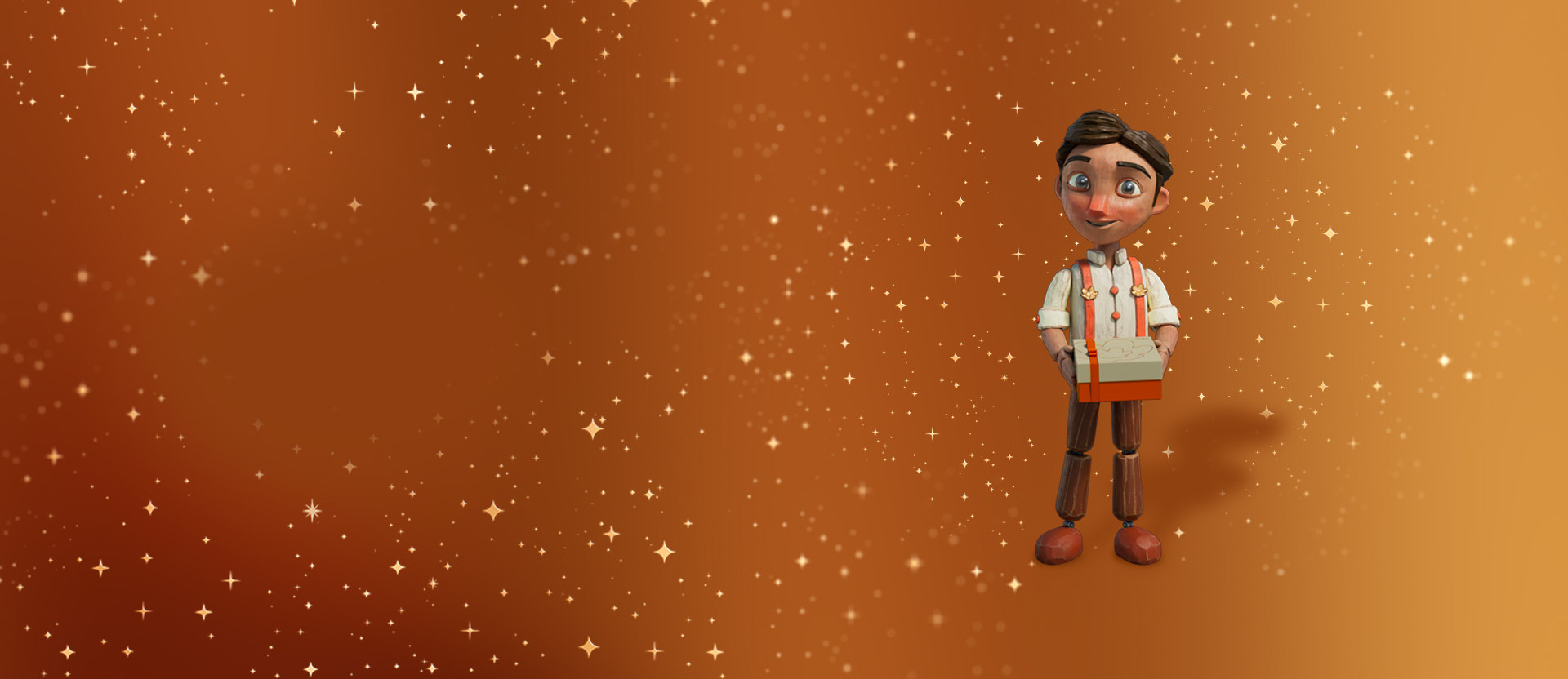 Boneco de madeira segurando uma caixa de presente bege e laranja com fita laranja. Fundo degradê laranja com estrelas douradas dispersas.