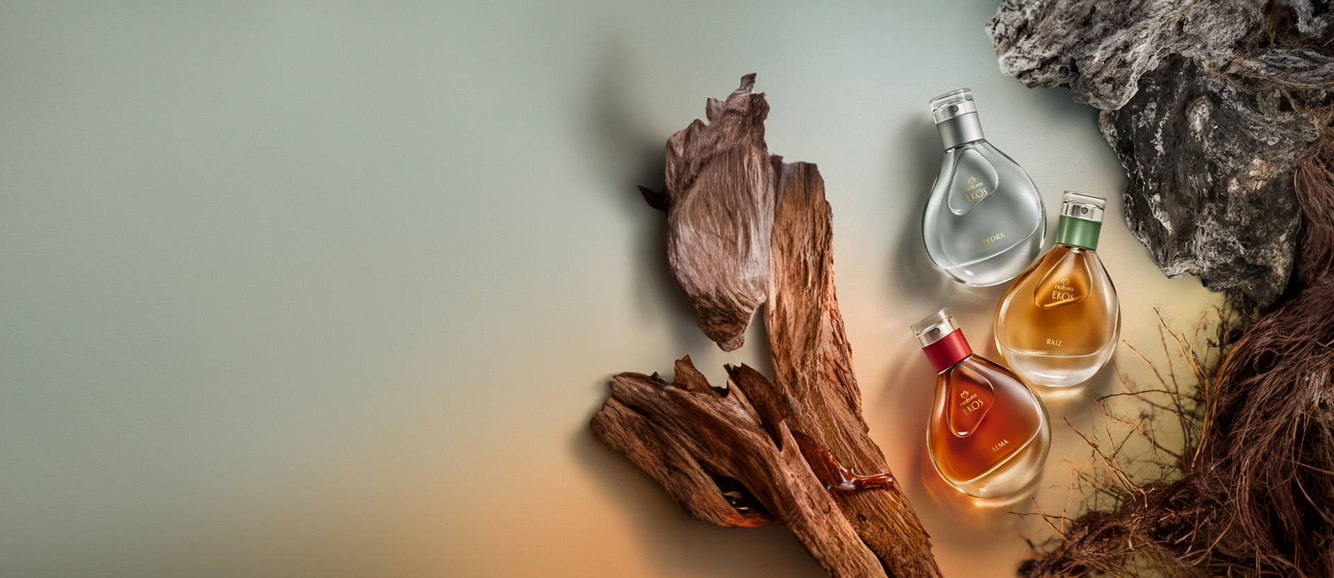 Coleção Eau de Parfum Natura Ekos em fundo em tons cinza e laranja com madeiras, rochas e raízes.