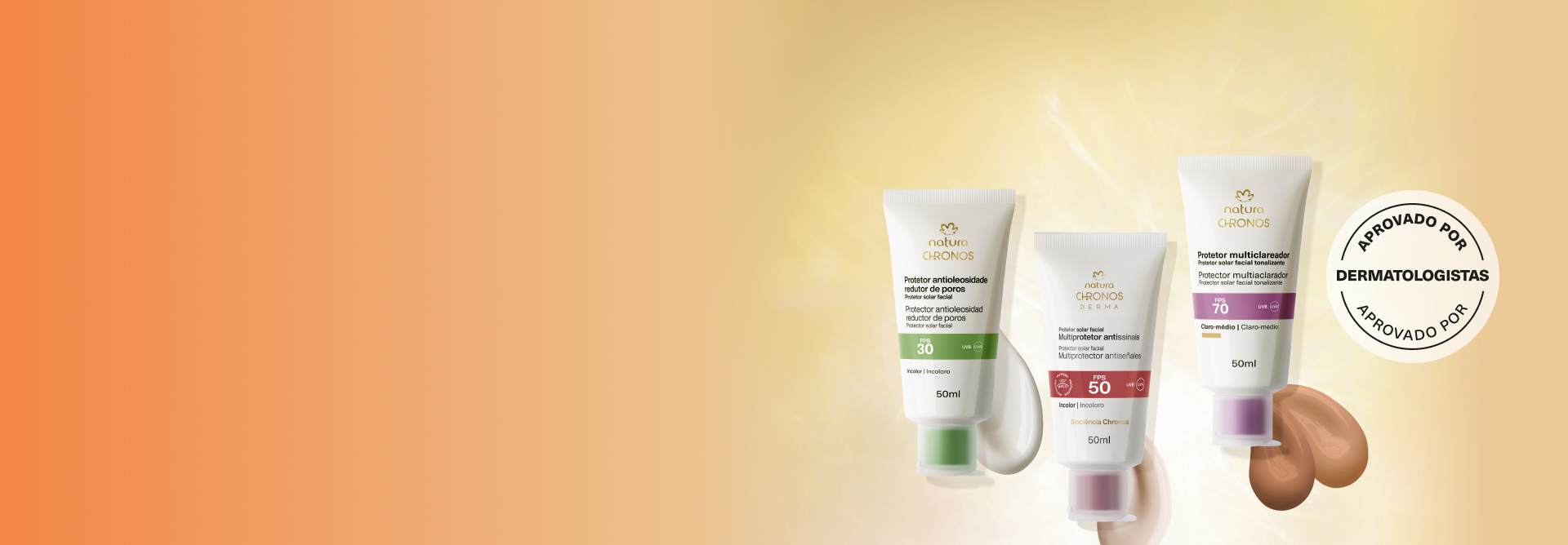 Produtos Natura Chronos com texturas e feixes de luz, em fundo em tons de creme. Com selo Aprovado por Dermatologistas.