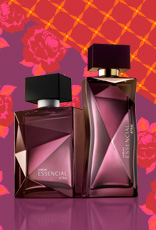 Fragrâncias Natura Essencial Atrai com fundo de flores e padrões de estampas juninas.