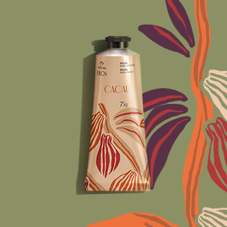 Polpa hidratante para mãos e unhas Natura Ekos Cacau, com ilustrações do pé de cacau, em fundo verde.