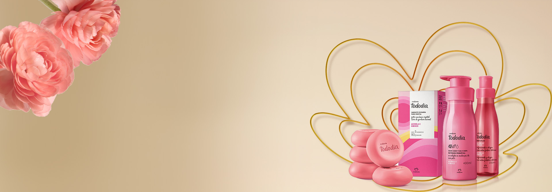 Sabonetes Natura Tododia, com caixa, sobre silhueta da flor da marca Natura em tons de amarelo e laranja, em fundo creme. Abaixo dos produtos, temos as condições da oferta de primeira compra.