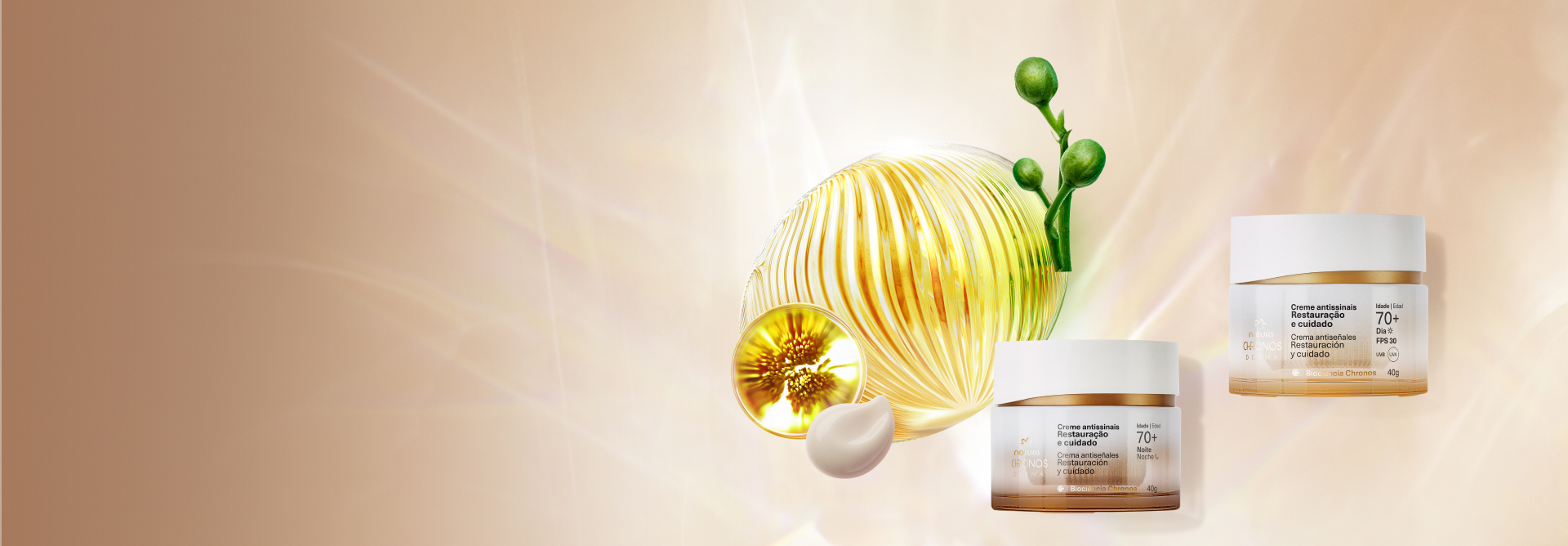 Cremes Antissinais Restauração e Cuidado Dia e Noite 70+ aparecem em destaque no canto direito da tela sobre fundo iluminado em tons de pêssego. Ao lado, ilustrações dos bioativos.