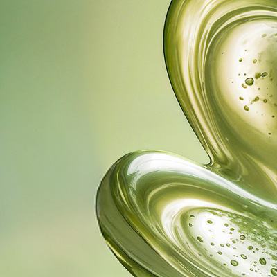 Imagem mostra um recorte da flor símbolo da Natura formada por texturas gelatinosas verde-claro, com pequenas bolhas, que transmitem cremosidade e frescor. Fundo verde-claro.