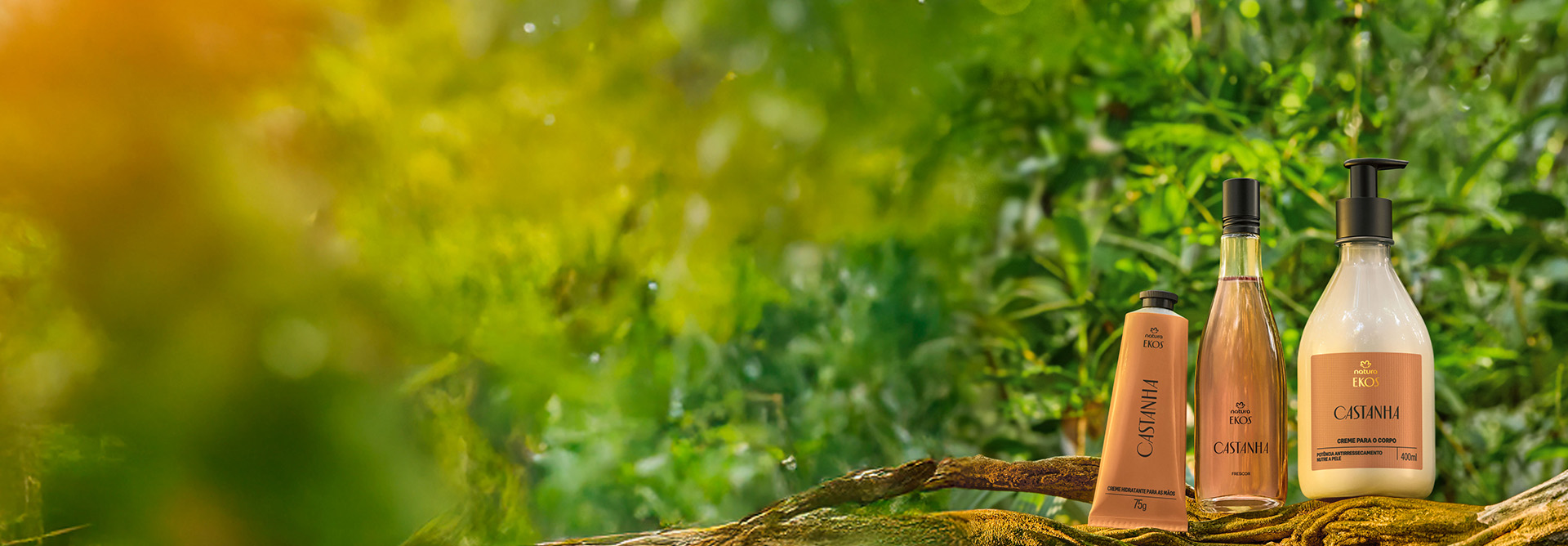 Três produtos Natura Ekos Castanha sobre tronco: bisnaga de creme para mãos, frasco de vidro e pump de creme para o corpo. Fundo de floresta verde com luz suave ao fundo.