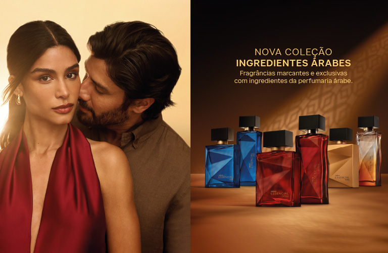 Foto de casal em primeiro plano, com fundo dividido entre luz clara e cenário escuro, frascos de perfume da coleção Ingredientes Árabes e texto promocional ao lado.