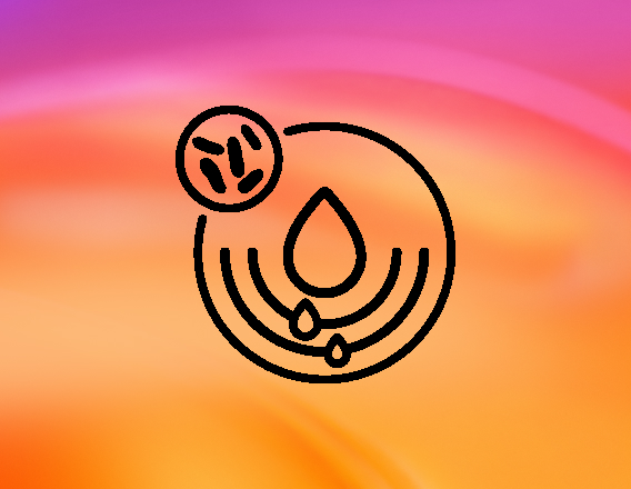 Ícone de tecnologia prebiótica com fundo gradiente em tons de laranja e rosa. O ícone é composto por um círculo com uma gota d'água central e pequenas gotas abaixo, e um círculo menor no canto superior esquerdo.