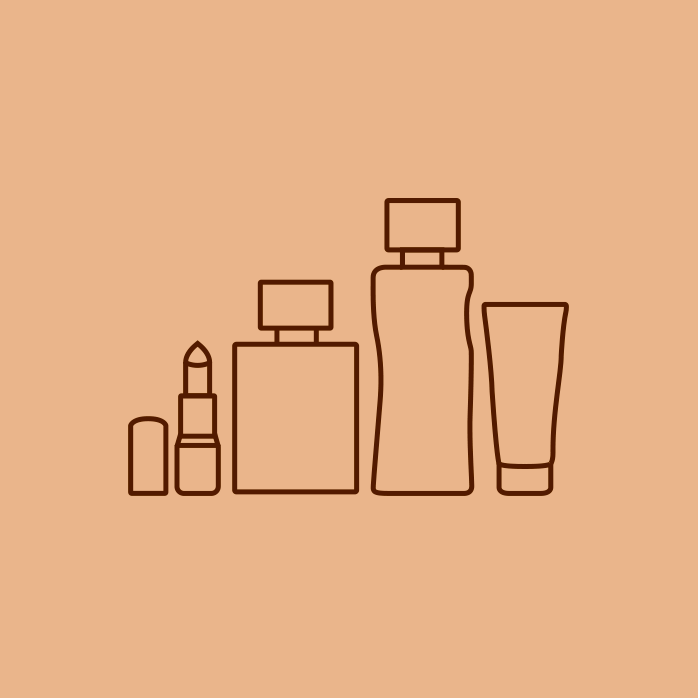 Ilustração simples de quatro embalagens de produtos de beleza em um fundo bege.
