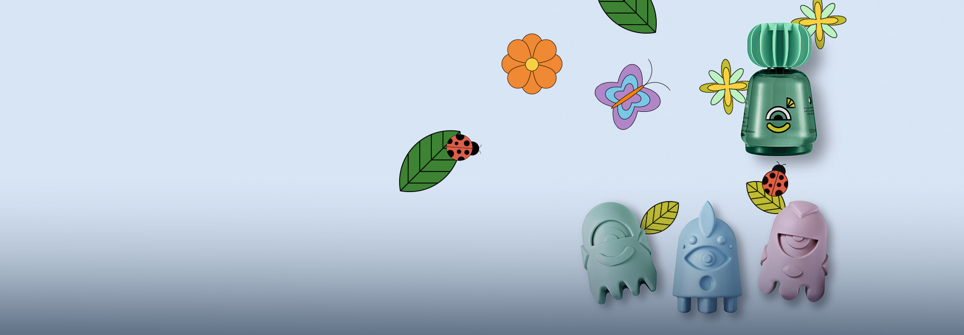 Foto de 4 produtos de Naturé, incluindo 3 sabonetes em barra e uma colônia sobre fundo azul com ilustrações de flores, folhas e borboletas. Os produtos apresentam formatos divertidos e lúdicos.