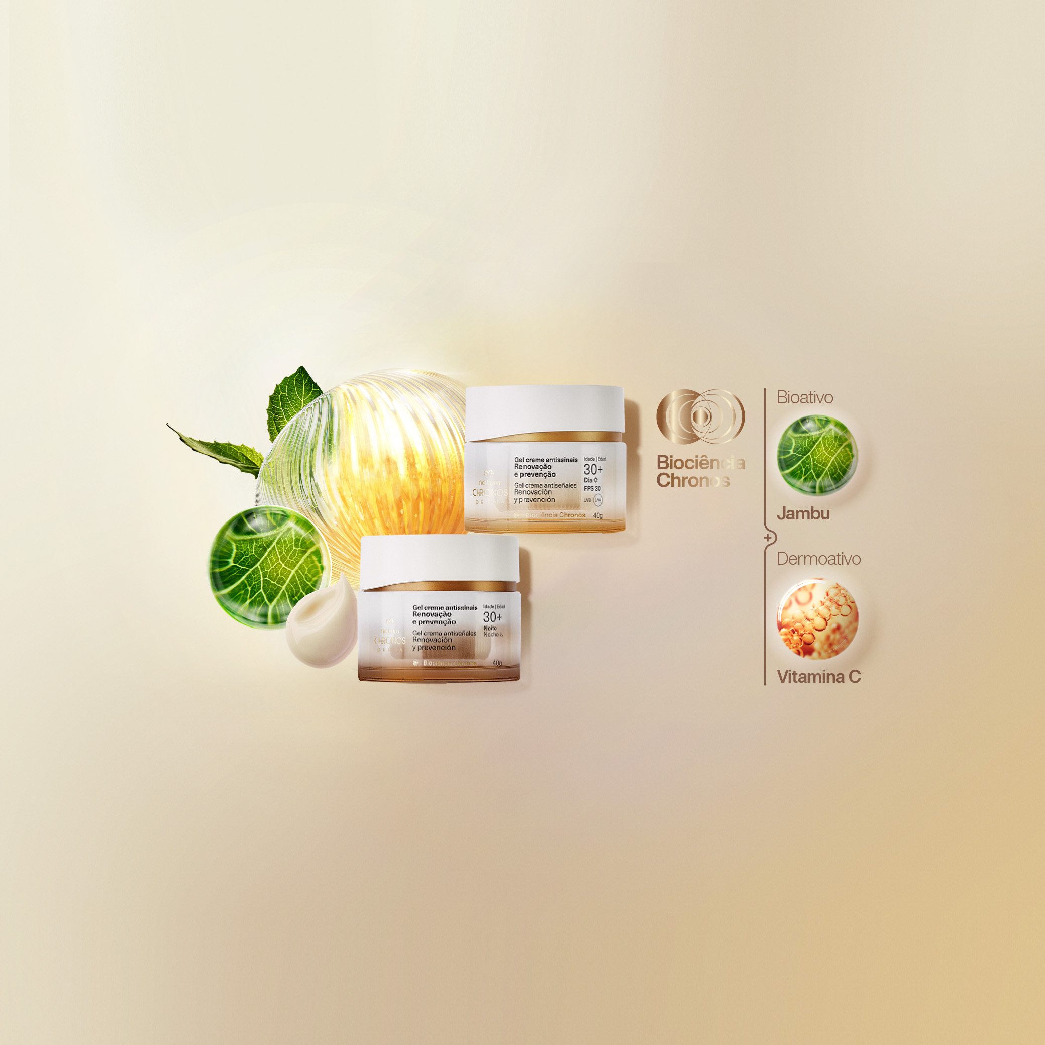 Imagem com dois potes do Gel Creme Antissinais Chronos Derma sobre fundo bege iluminado. Elementos visuais destacam ingredientes, como Jambu (bioativo) e Vitamina C (dermoativo).