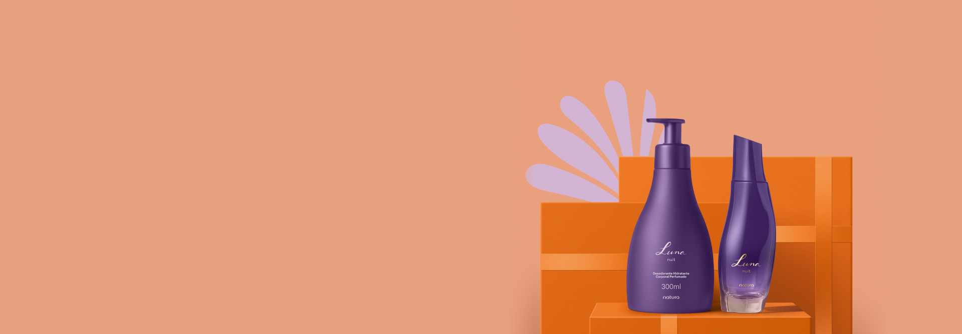 Presente Natura Luna Nuit, incluindo 1 Desodorante Colônia Feminino e 1 Desodorante Hidratante Corporal Perfumado com frascos roxos sobre caixas de presentes laranja em fundo laranja suave.